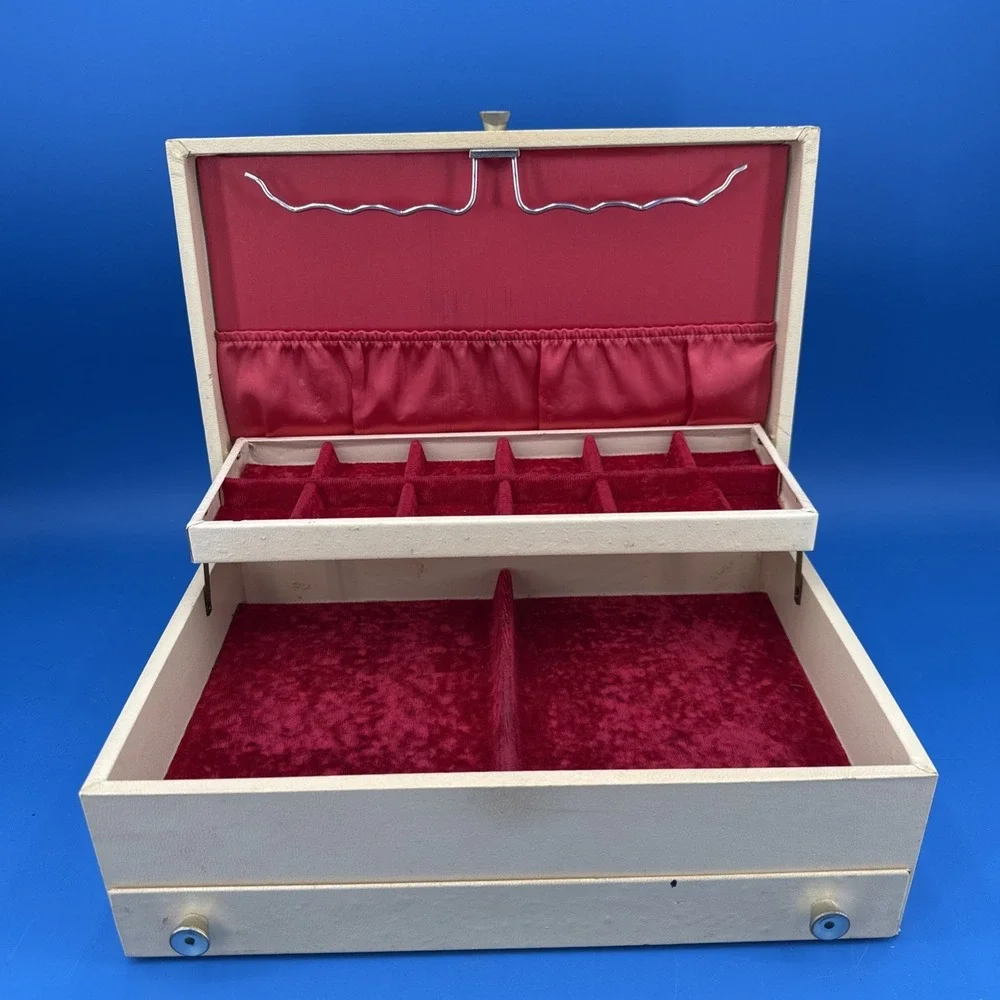 Vintage Jewelry Box Two Tier Cream with Red Velvet Lining